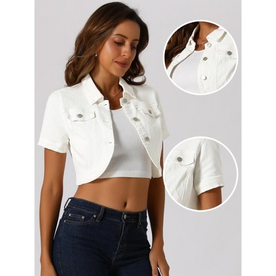 Allegra K Women's Turndown Collar Short Sleeves Crop Casual Jean Jackets Medium White — фото 2