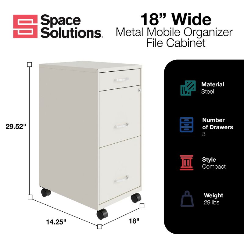 Space Solutions 18 Inch Wide Metal Mobile Organizer File Cabinet for Office Supplies and Hanging File Folders w/ Pencil Drawer & 3 File Drawers, White, 5 of 7