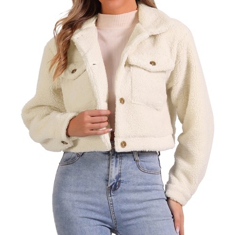 Allegra K Women's Lapel Faux Fur Button Down Long Sleeve Casual Short Jackets Medium Beige