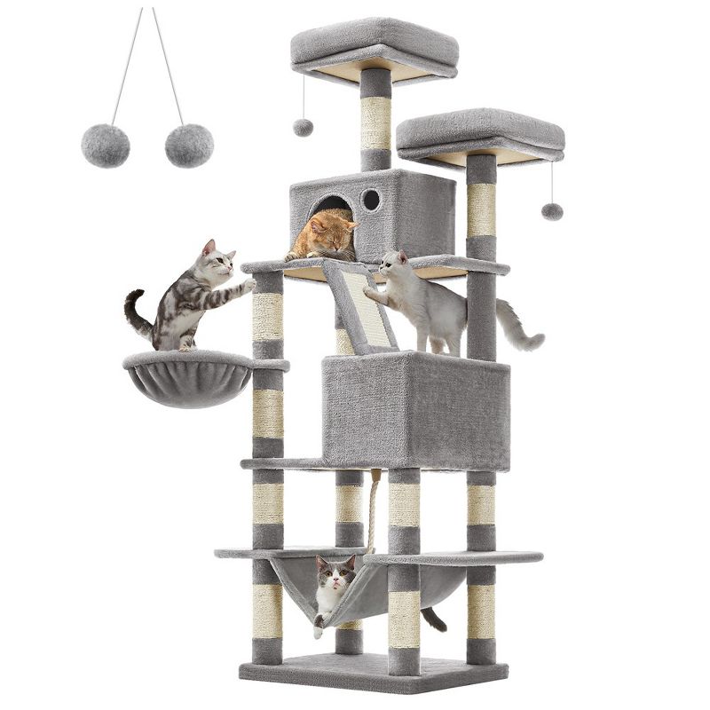 Feandrea Cat Tree, Large Cat Tower with 13 Scratching Posts, 2 Perches, 2 Caves, Basket, Hammock, Pompoms, Cat Condo, 1 of 11
