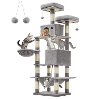 Feandrea Cat Tree, Large Cat Tower with 13 Scratching Posts, 2 Perches, 2 Caves, Basket, Hammock, Pompoms, Cat Condo