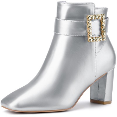 BLISSFUL STEP Women's Square Toe Chunky Heel Rhinestone Buckle Decor Ankle Boots