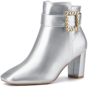 BLISSFUL STEP Women's Square Toe Chunky Heel Rhinestone Buckle Decor Ankle Boots - 1 of 4