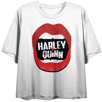 DC Comic Villain Harley Quinn Lips Juniors White Crop Top Graphic Tee