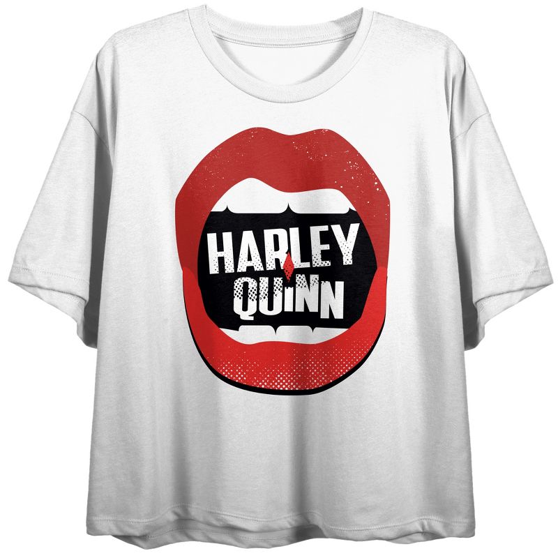 DC Comic Villain Harley Quinn Lips Juniors White Crop Top Graphic Tee, 1 of 3