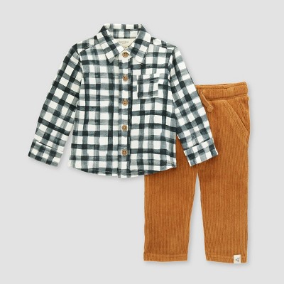 Image of Burt's Bees Baby® Boys' Gingham Button Down Top & Raised Ribbed Pant Set - 3M