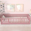 Dolonm Twin Size Floor Platform Bed with Fence & Door, Pink - Sturdy Pine Wood, Safety Design for Kids - 2 of 4