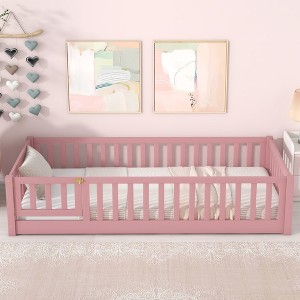 Gulches Twin Size Wood Floor Platform Bed with Fence, Revolving Door, Pink - 1 of 4