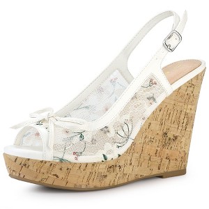Allegra K Women's Casual Wood Platform Heels Bow Lace Wedge Sandals - 1 of 4
