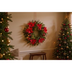 GustoWave 24 in Christmas Wreath with Light,Front Door Lighted Wreath with Pine Cones Flower Cypress Leaves Christmas Ball,Christmas Decorations - 1 of 2