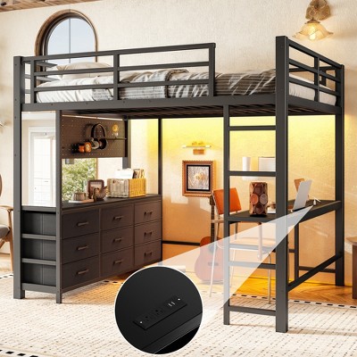 Full Size Loft Bed with Desk, Drawers, LED Light & USB Port, Sturdy ...