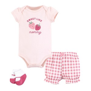 Hudson Baby Infant Girls Bodysuit, Short and Sock, Strawberry Love - 1 of 4