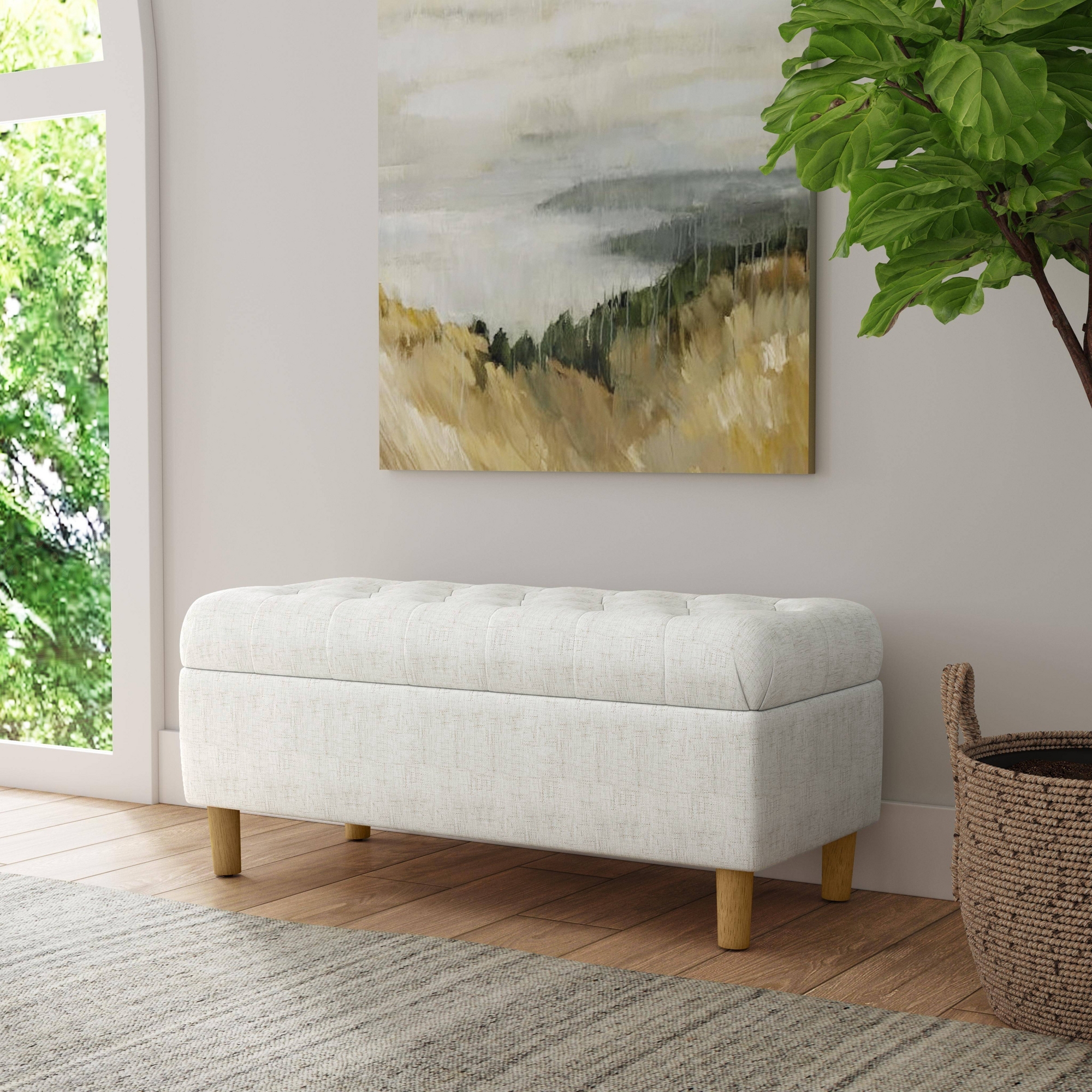 Button Tufted Storage Bench with Cone Wood Legs Cream - HomePop: Hinged Lid, Honey Oak Finish, Polyester Upholstery