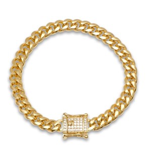 Steeltime Men's stainless steel Miami Cuban chain bracelet with simulated diamond box clasp. Color Options: Silver, Gold, Black - 1 of 4
