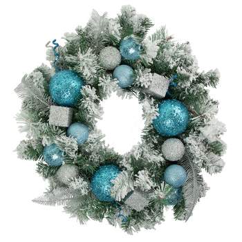 Northlight Flocked Pine with Teal and Silver Ornaments Artificial Christmas Wreath, 24-Inch, Unlit