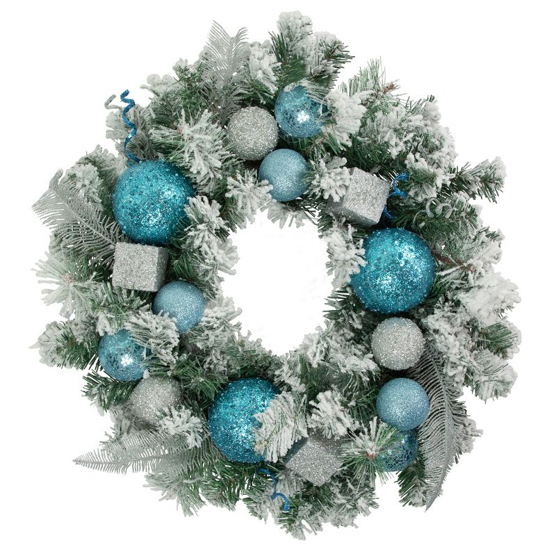 Northlight Flocked Pine with Teal and Silver Ornaments Artificial Christmas Wreath, 24-Inch, Unlit, 1 of 4