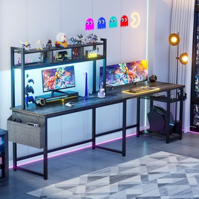 Besiost L-shaped Computer Desk with Hutch, Desk with Power Outlet and LED Light