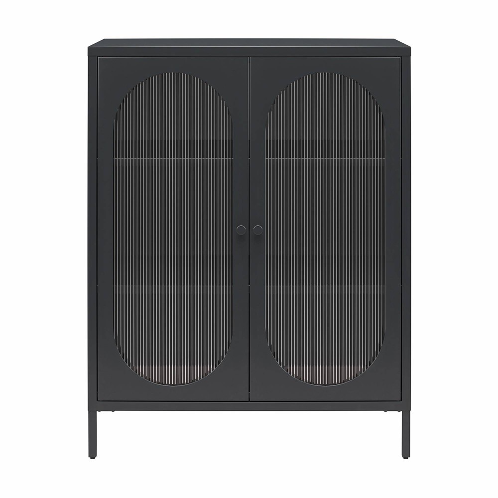 Photos - Dresser / Chests of Drawers Luna Short 2 Door Accent Cabinet with Fluted Glass Black - Mr. Kate