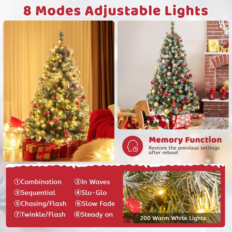 Tangkula 5ft/6.5ft/7.5ft/9ft Pre-lit Artificial Christmas Tree Pre-decorated Hinged Xmas Tree with 450/909/1368/1740 Branch Tips 200/420/560/650 LED Lights 8 Light Modes, 5 of 11