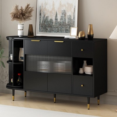 Modern Buffet Sideboard Cabinet, Rotating Storage Cabinet with 2 Drawers, Wooden Coffee Bar Table for Kitchen Living Room Entryway Black