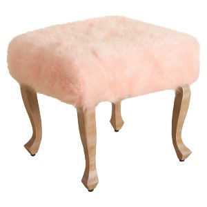 Faux Fur Blush Square Stool wood legs - HomePop, Soft Pink