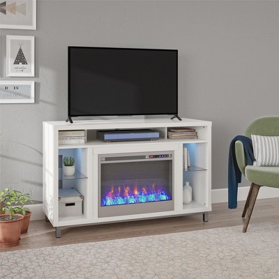 Modern White 55'' Fireplace TV Stand with Illuminated Shelves
