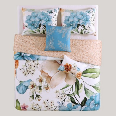 Maia King Blue Cotton Floral Reversible Comforter Set