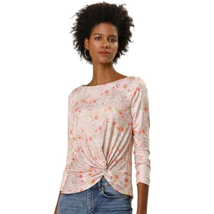 INSPIRE CHIC Women's Floral Print Front Knot Asymmetrical Hem Boat Neckline Casual Long Sleeve Top Shirts - 1 of 4