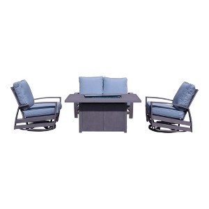 Courtyard Casual Cabo Motion  4 pc Loveseat Fire Pit Set  Includes: One Loveseat, One Fire Pit and Two Swivel Gliders   Frame with Sunbrella Cushions - 1 of 4