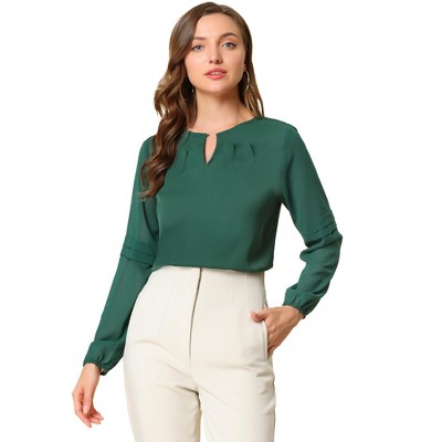 Allegra K Women's Chiffon Semi Sheer Keyhole Neck Elegant Work Blouse Dark  Green Medium : Target