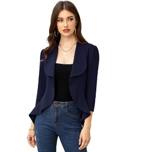 Women's Open Front Waterfall Collar Blazer - 3/4 Sleeve Asymmetric Hem Crop Jacket - 1 of 4
