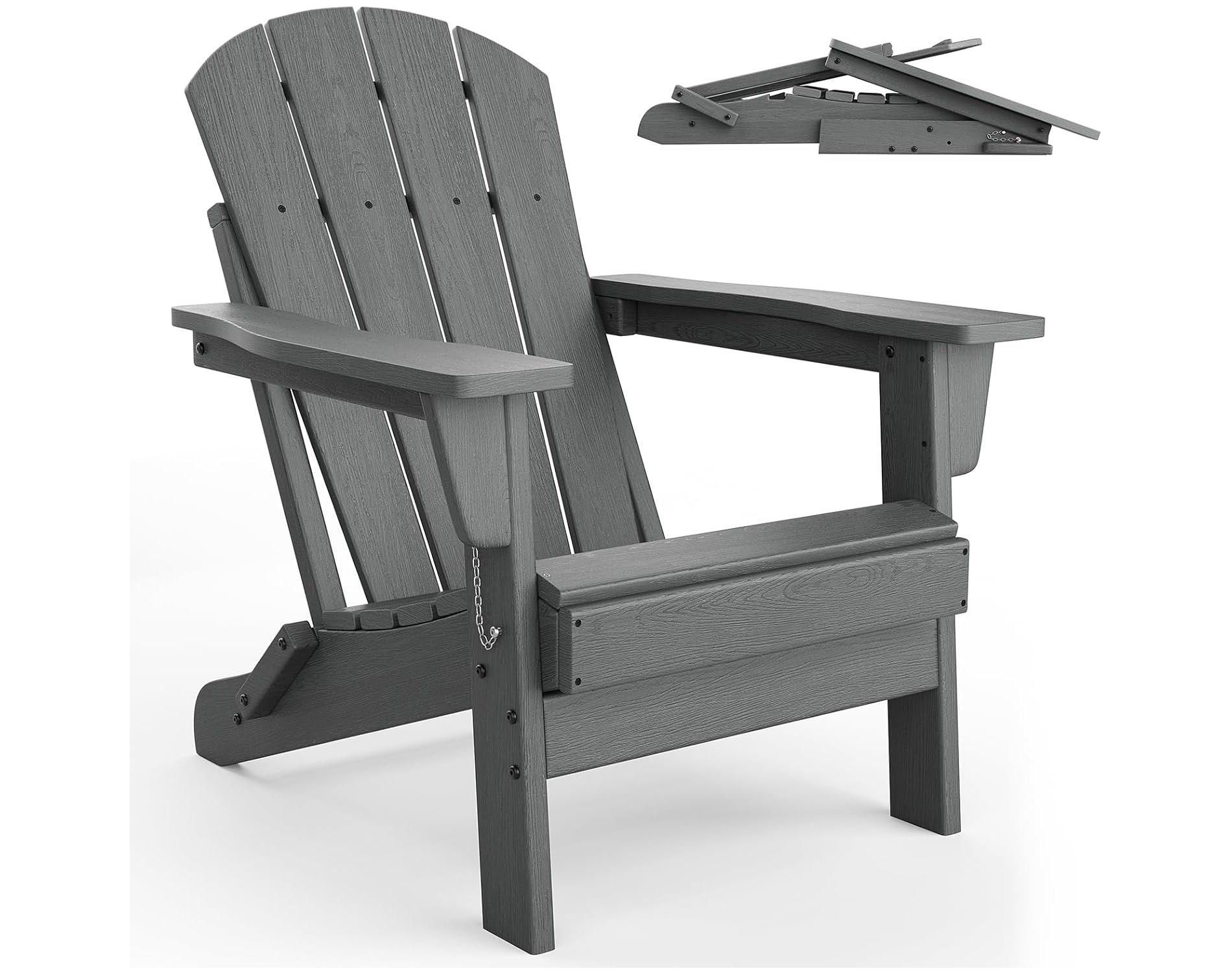 Folding Adirondack Chair–HDPE All-Weather Resistant Outdoor Patio Chair with Wood Texture,Ideal for Fire Pit,Poolside,Gray