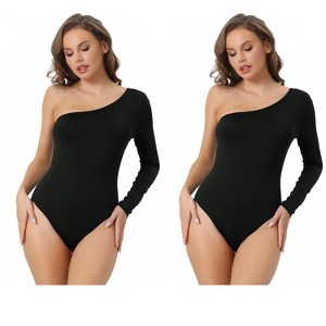 Allegra K Women's One Shoulder Stretchy Long Sleeve One Piece Body Shapers 2 Packs - 1 of 4