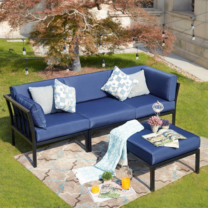 Patio Festival 4pc Steel Outdoor Patio Sectional Sofa with Cushions Furniture Set Blue, 5 of 11