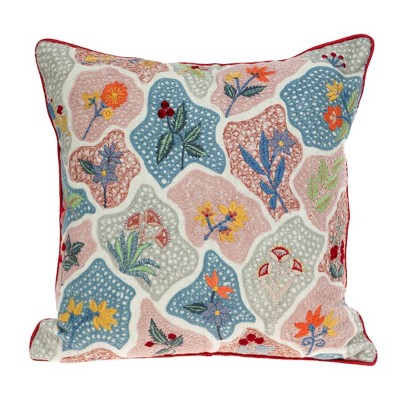 HomeRoots 18" Blue and Pink Floral Cotton Throw Pillow With Embroidery