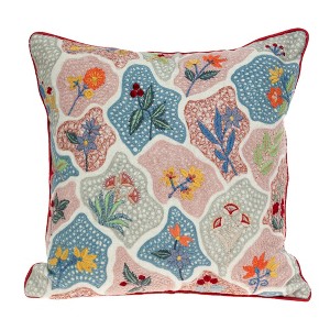 HomeRoots 18" Blue and Pink Floral Cotton Throw Pillow With Embroidery - 1 of 4