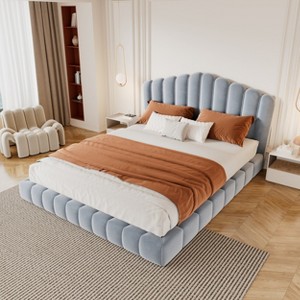 Queen Size Velvet Upholstered Bed Frame Floor Bed with Shell-Shaped Headboard for Bedroom - ModernLuxe - 1 of 4
