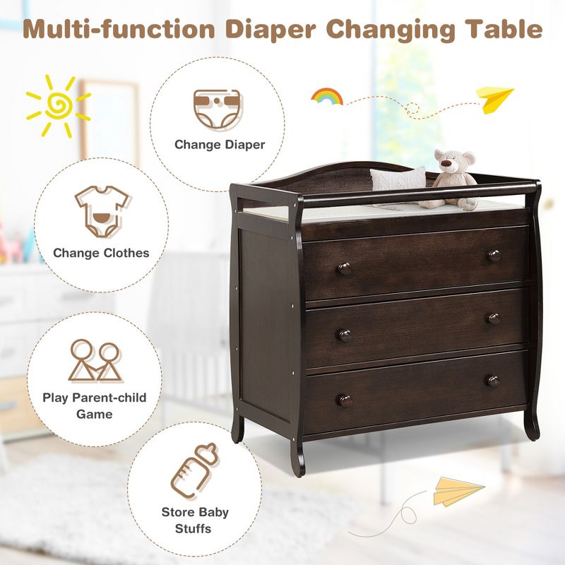 Costway 3 Drawer Baby Changing Table Infant Diaper Changing Station Wood with Safety Belt Brown/Grey/White, 5 of 11