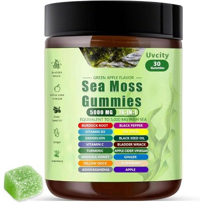 Uvcity Sea Moss Gummies 16-in-1, 5000mg - Green Apple Flavor - Non-GMO, Plant-Based - Energy Support - 1 Count