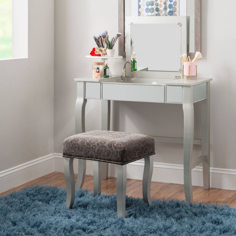 Harper Glam Flip-up Mirror Wood Vanity and Gray Upholstered Stool Mirror and Silver - Linon, 3 of 17