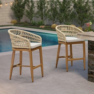 PURPLE LEAF Outdoor Rattan Bar Stools Set of 2 Modern Boho Aluminum Patio Bar Height Chair with Cushion for Garden Outdoor and Indoor - 1 of 1