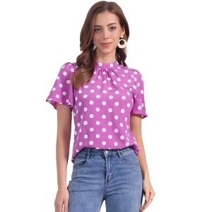INSPIRE CHIC Women's Polka Dots Stand Collar Pleat Keyhole Back Short Flare Sleeve Tops - 1 of 4