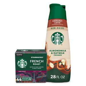 Starbucks 28 fl oz Almond and Oat Milk Hazelnut Latte Coffee Creamer + 44ct French Dark Roast Keurig K-Cup Coffee Pods - 1 of 4