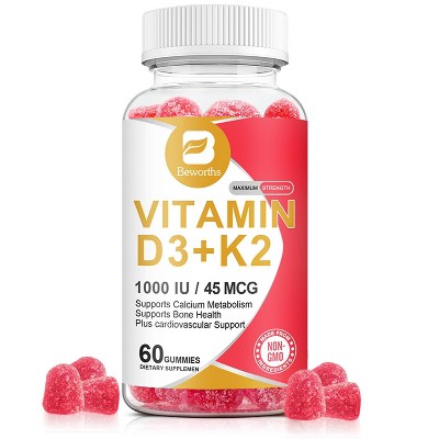 B Beworth Natural Vitamin D3 & K2 Gummies, 60 Count