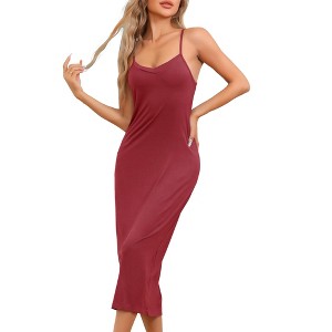 cheibear Women's Modal Full Slip V Neck Adjustable Spaghetti Strap Chemise Sleep Dress - 1 of 4