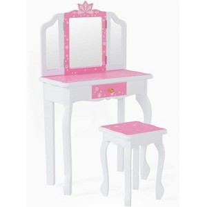 JOYMOR Kids Vanity Set, Wooden Princess Makeup Table with Stool, Tri-Folding Mirror, Large Drawer and Solid Wooden Legs, Pink - 1 of 4
