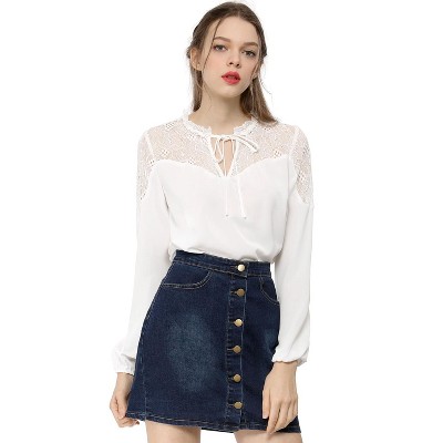 INSPIRE CHIC Women's Tie V Neck Lace Yoke Long Sleeve Chiffon Blouse