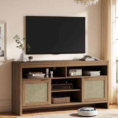 Homhougo 58" inch Rattan TV Stand for TV up to 65 Inch, Boho Entertainment Center with Storage,TV Console Cabinet Brown