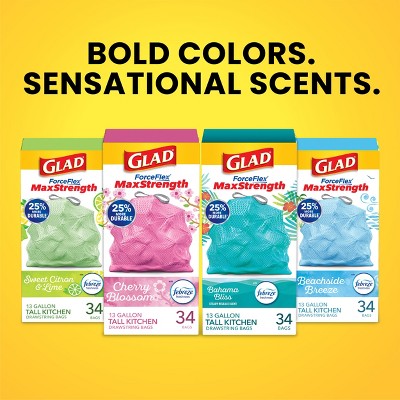 Glad ForceFlex MaxStrength Tall Kitchen Drawstring Pink Trash Bags - Cherry Blossom - 13gal/90ct