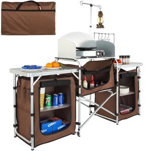 VEVOR Camping Kitchen Table, Folding Outdoor Cooking Table with Storage Carrying Bag, Aluminum Cook Station 3 Cupboard & Detachable Windscreen - 1 of 4
